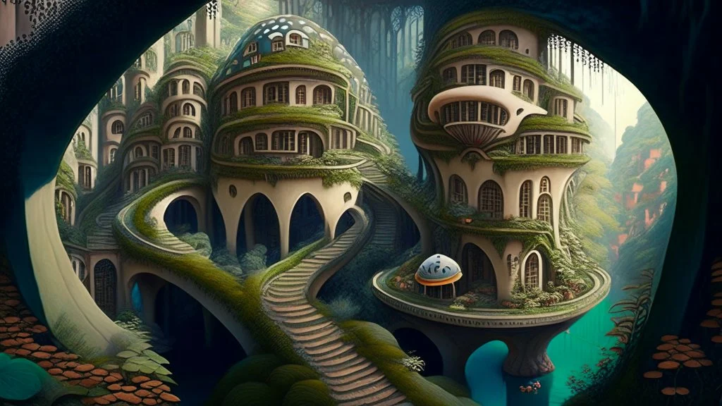 Gigantic mushroom village with balconies, archways, stairs, bridges, bushes, spanish moss, ivy, river, a winding pathway through the middle, in a valley