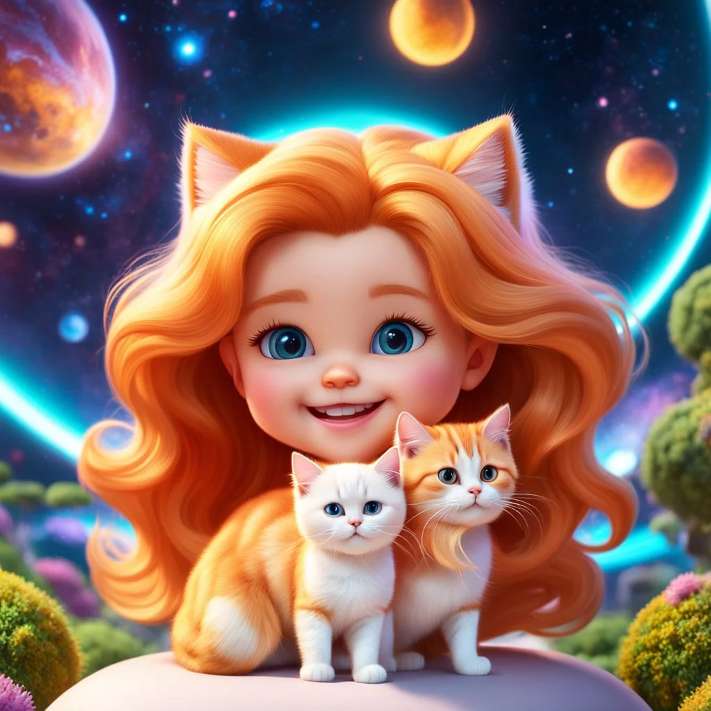 (masterpiece, best quality, 8k, RAW photo, beautiful and aesthetic:1.2), complex detail, Indirect light, photorealistic, (((full body))), Cosmic Boss Baby style smiling, long curved clear hair , with a ginger cat companion, colorfull Sci-Fi environment