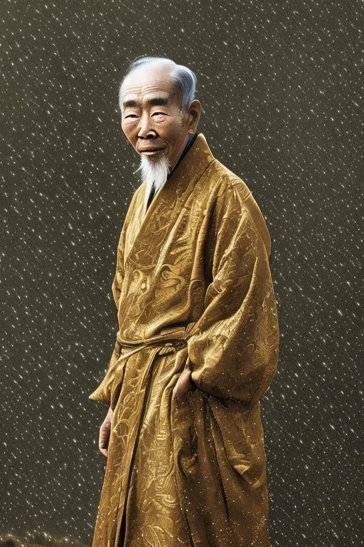 A man in old Japanese clothes is standing in nature while it is raining , winter rain,dramatic scene