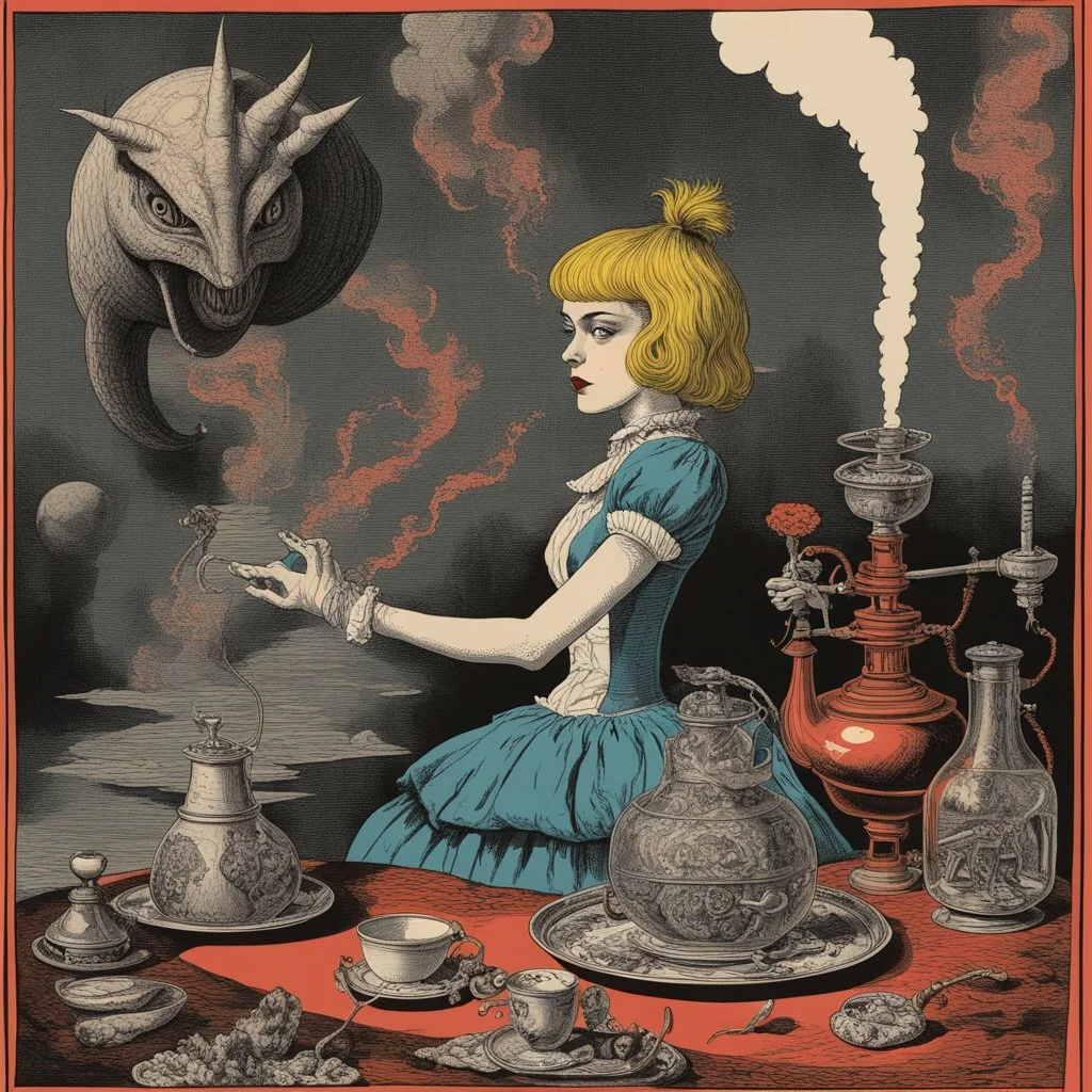 Alice's Adventures in Weirdland, strange-punk, Psychedelic poster art, surreal asymmetrical maximalism, by John Tenniel, by William Stout, by Hannah Hoch, liquid color ink illustration, dark primary color scheme, color pop, smoking hookah.