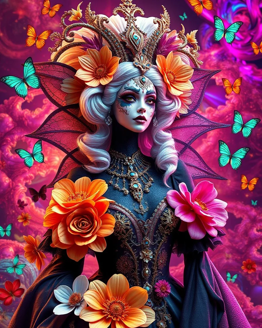 Masterpiece art amazing art picture in Luxurious 3d colorful fractals sharp colors,vibrant colors,neons colors standing pose sweet pose a adorned carnival vampire queen gothic make up,hair silver, golden shiny adorned,in fractals 3d outside ,fractals colorfull,Fully of flowers,butterflies,leaves in 3d outside fractals neons vibrant colorful backgrounds