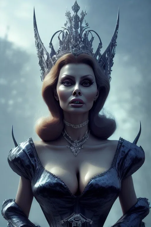 Sophia Loren as evil queen in black leather, cleavage, angry, stern look. character design by cory loftis, fenghua zhong, ryohei hase, ismail inceoglu and ruan jia. unreal engine 5, artistic lighting, highly detailed, photorealistic, fantasy