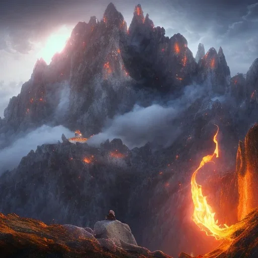 Dragon on mountainside, DSLR, smoke, ruin, humans at base of mountain, gold coins, fire in sky, dynamic lighting, panorama, wide-angled lense