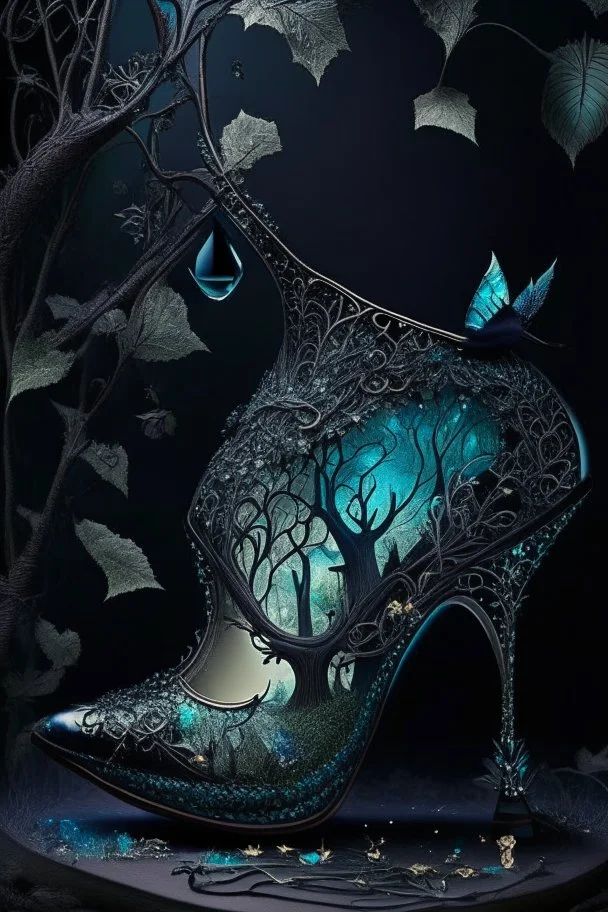 dark fantasy, intricate cover, a whimsical fairytale, shoe made of glass