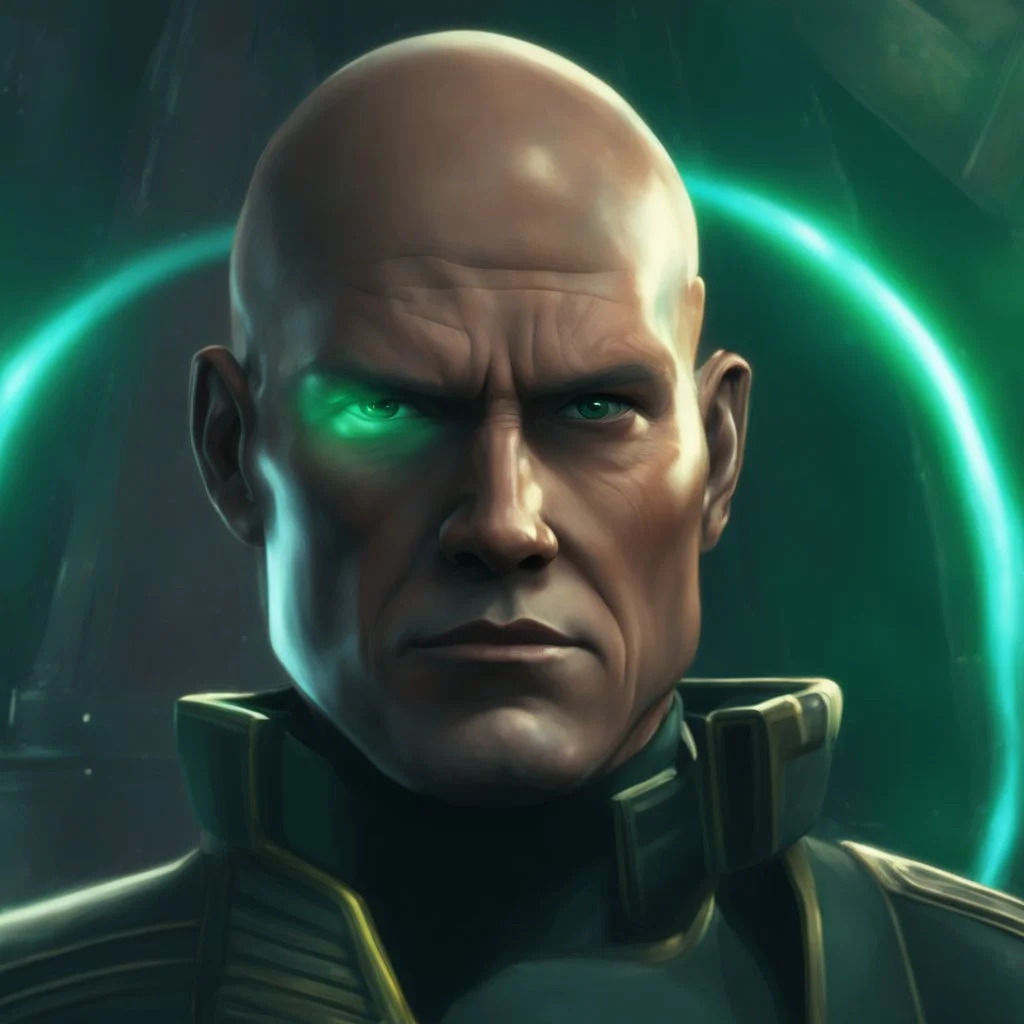 star wars bald male corellian jedi pilot wearing gunmetal grey and black old republic armored robes with gold trim inside the jedi temple holding a lightsaber with viridian green blade in left hand, centered head and shoulders portrait, hyperdetailed, dynamic lighting, hyperdetailed background, 8k resolution, volumetric lighting, light skin, fully symmetric details