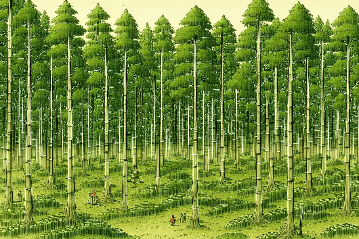 An olive green forest with tribal huts painted by Hashimoto Gaho
