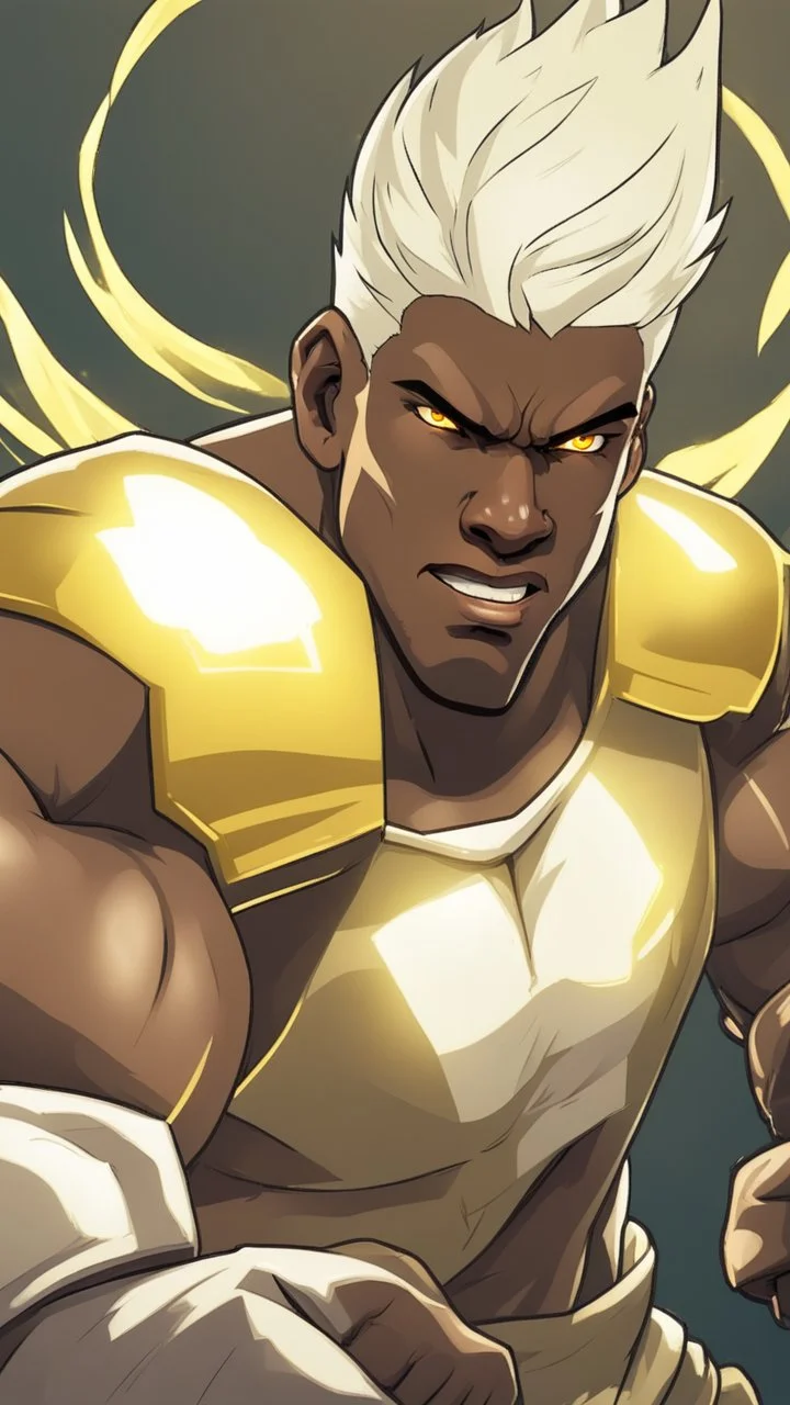 A close picture to a man with dark skin and fighting with his hands have white Pretty hair and yellow glowing eyes and strong muscles