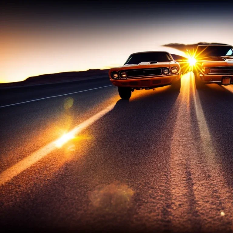 muscle car, married couple driving, desert road, sunset, full colour,