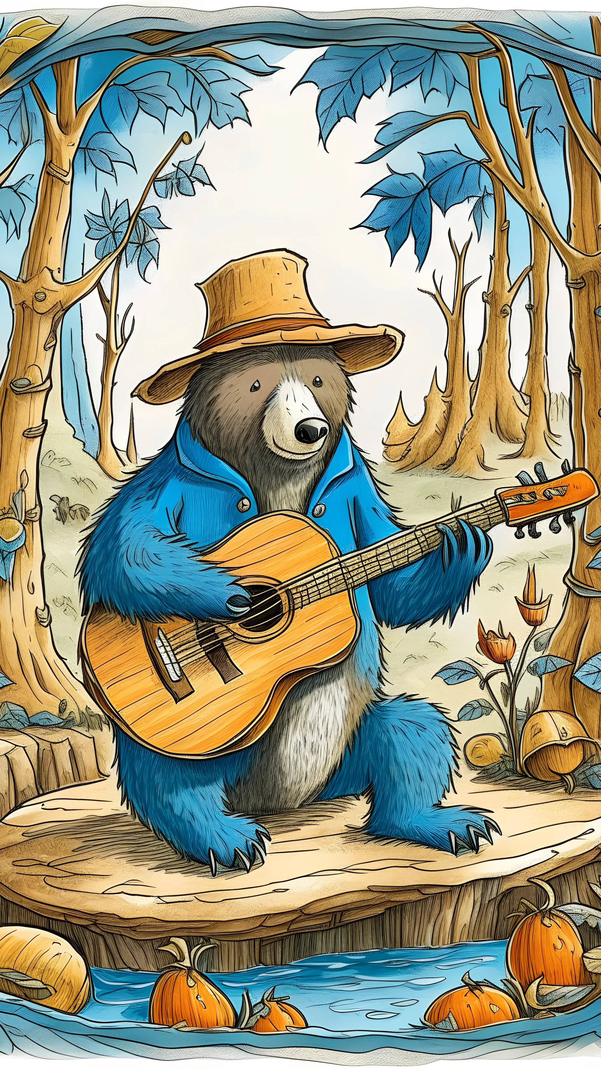 hand drawed paddington bear sitting in forest and playing ukulele