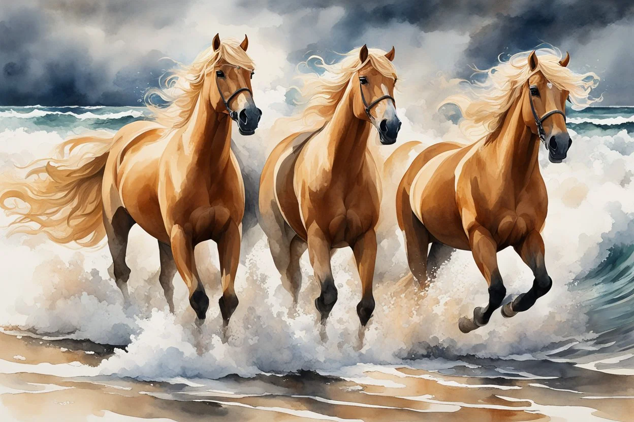 Stunning watercolor style portrait of three powerful palomino horses, galloping strong on the seashore. The waves crash behind them, the sky is filled with stormy clouds. Their manes and tails flutter in the wind and their muscles become defined as they exert their strength. Dynamic, energetic atmosphere, capturing the essence of freedom and power