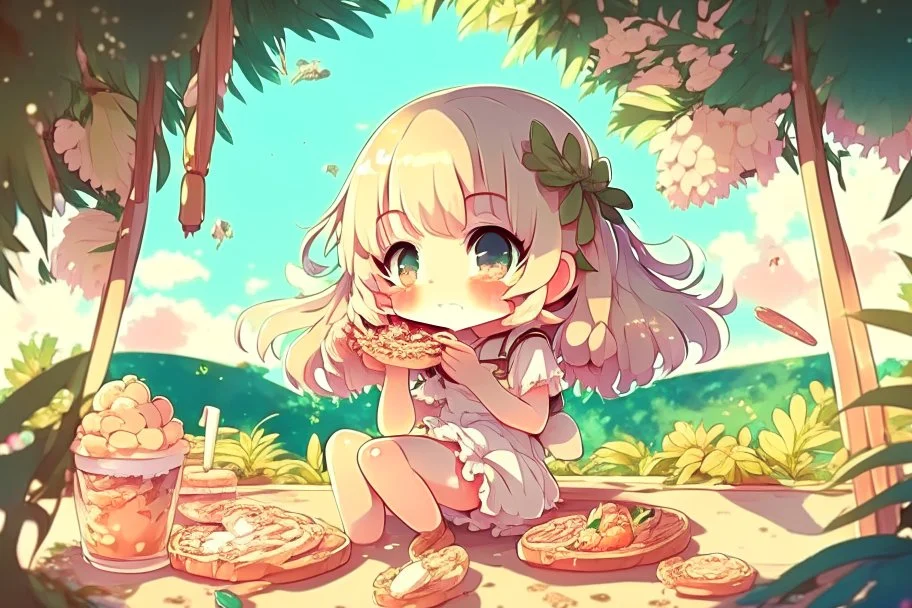 cute chibi girl eating in the paradise