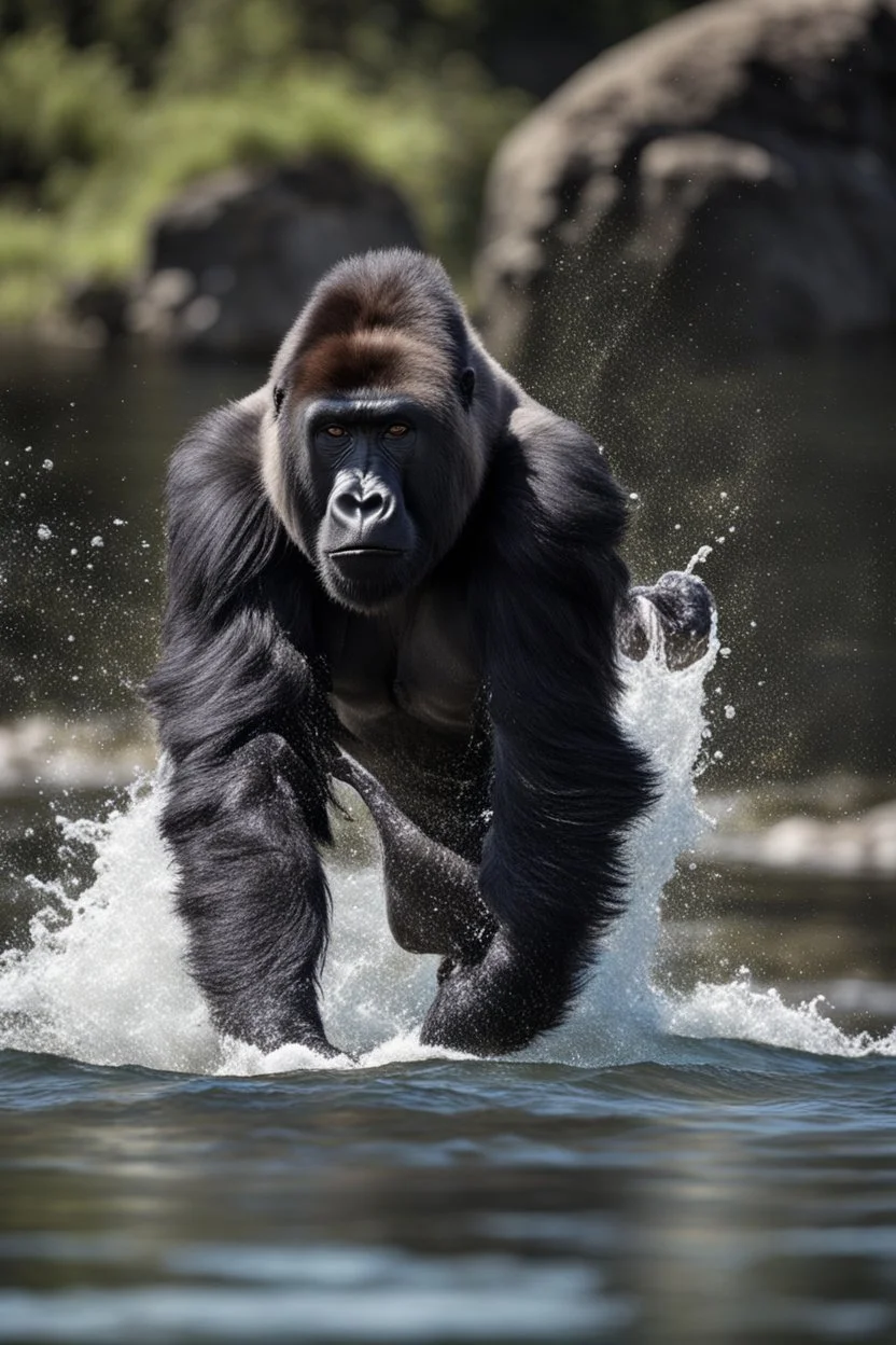 /imagine prompt: realistic, personality: [Capture a close-up shot of the Male Mountain Gorilla diving into the river, its body partially submerged in the water. Water splashes around it as it fights against the strong current, trying to change its course. The determination and strength on the cheetah's face are evident]unreal engine, hyper real --q 2 --v 5.2 --ar 16:9