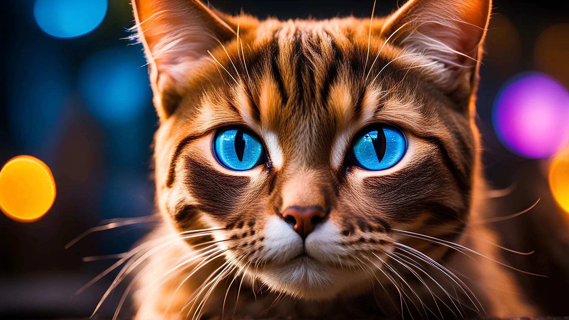 Portrait photo of kitty cat with blacklight makeup, fierce eyes, light bokeh, intricate, (steel metal (rust)-)+, elegant, sharp focus, photo by greg rutkowski, soft lighting, vibrant colors, masterpiece, (streets)++, detailed face