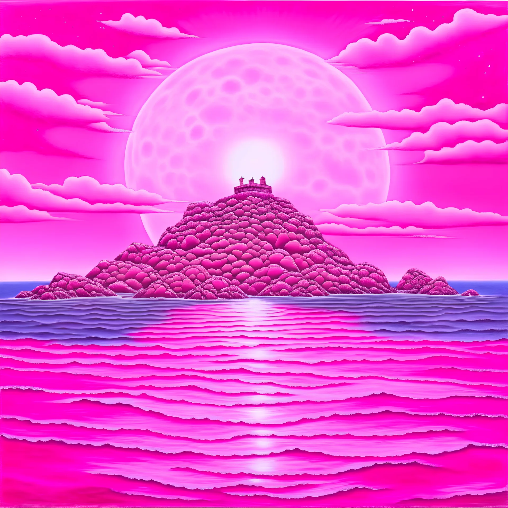 a pink painting of an ocean with a small island and a moon