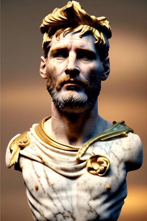 Realistic image, Roman sculpture made in white marble with gold veins, Lionel messi with gold laurel leaves crown, decorative star on the chest, waist up portrait, marble material, gold ornaments, Baroque style, sun rays background, epic, celestial, cinematic lighting, God lights, 4k resolution, smooth details, soft lighting, unreal engine 5, art station, substance 3d.