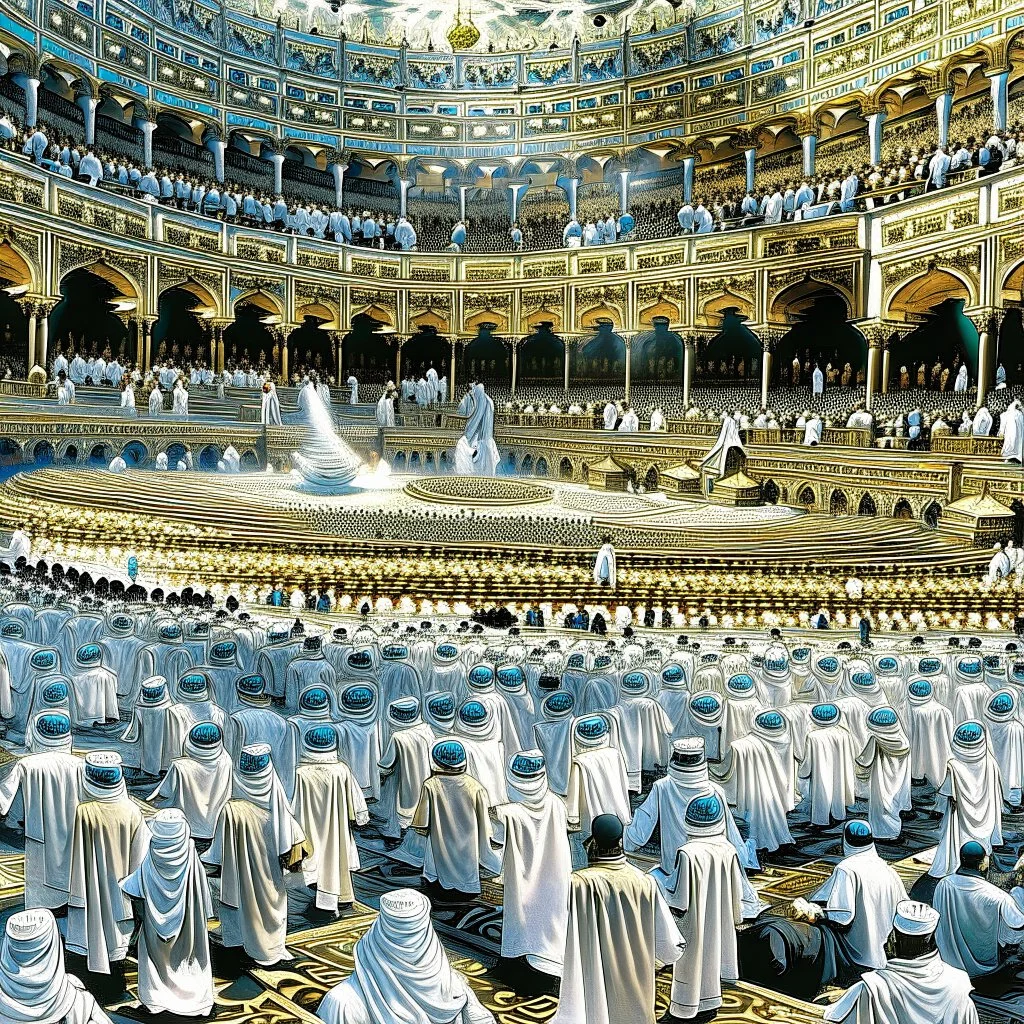 The scene in Mecca: People wearing white Ihram clothes, men without head coverings, women with veils, circumambulating around the Kaaba, and above them are transparent white spirits of children, men, and women with wings revolving around the Kaaba.