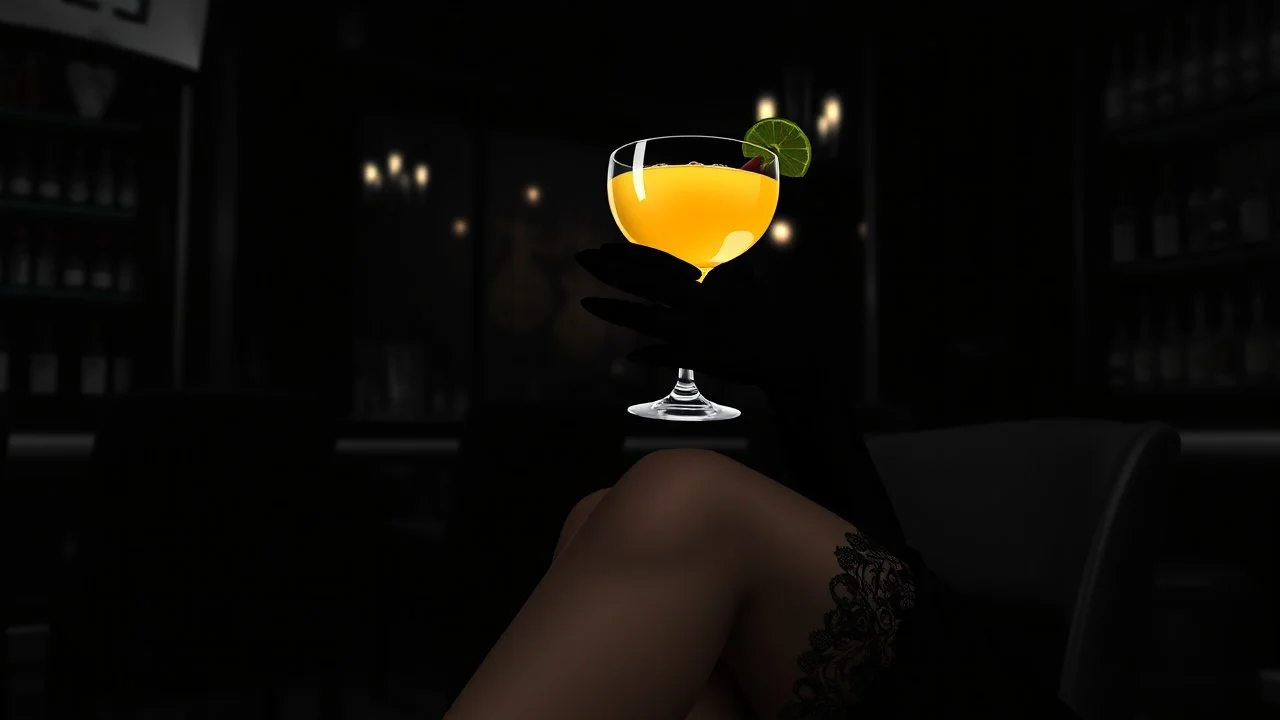 gray-toned, contrasting graphics, a lady in a black casual dress, black lace nice nylon stockings sitting on a bar chair in bar, holding a yellow mimosa cocktail in her long black gloved hand, atmospheric, strong contrasts, shadowy background, focus on the hand holding the cocktail, moody, pale ligts, anime style, cinematic