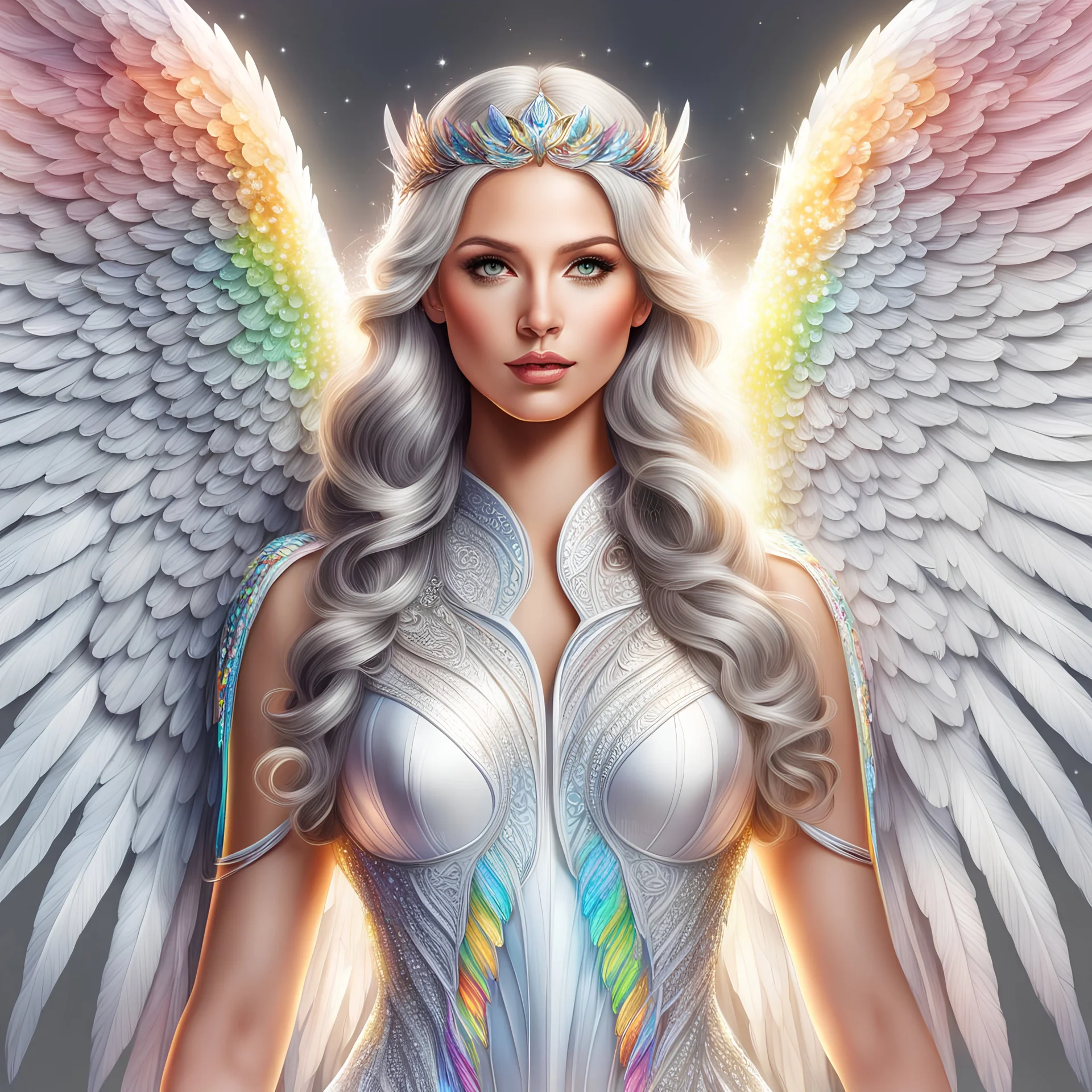 Very detailed hyperrealistic illustration. hyper-detailed cinematographic illustration drawing. Beautiful and perfect angel woman , with rainbow-colored angel wings and detailed and defined luminous sparkles. Full and large angel wings. Beautiful and Divine Angel with large and uniform wings. Beautiful and detailed face. Very light gray eyes with a deep and penetrating look. detailed white skin. Long hair of very defined luminous neon white color and decoration in her hair with rai