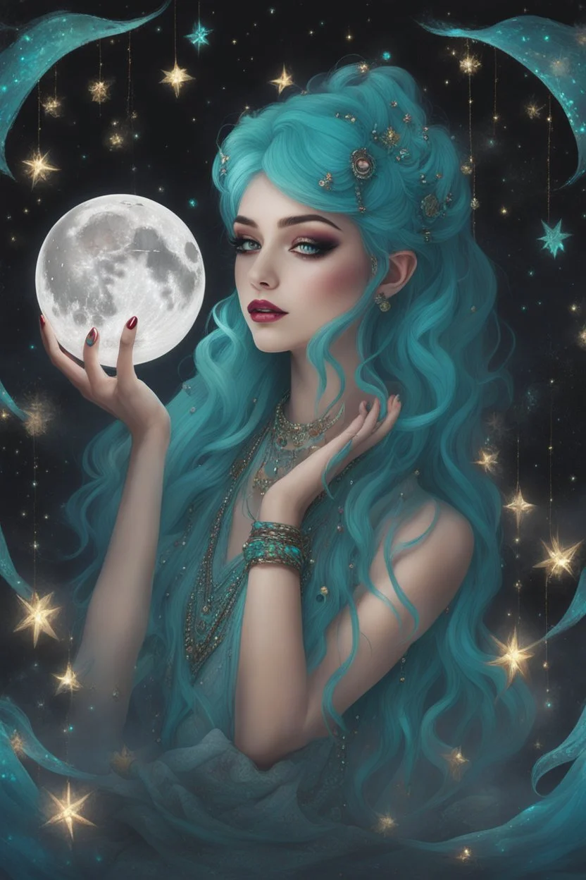 A beautiful girl with glowing starry eyes. And with turquoise hair decorated. And full body. Holds 10 glowing glass beads with a moon inside