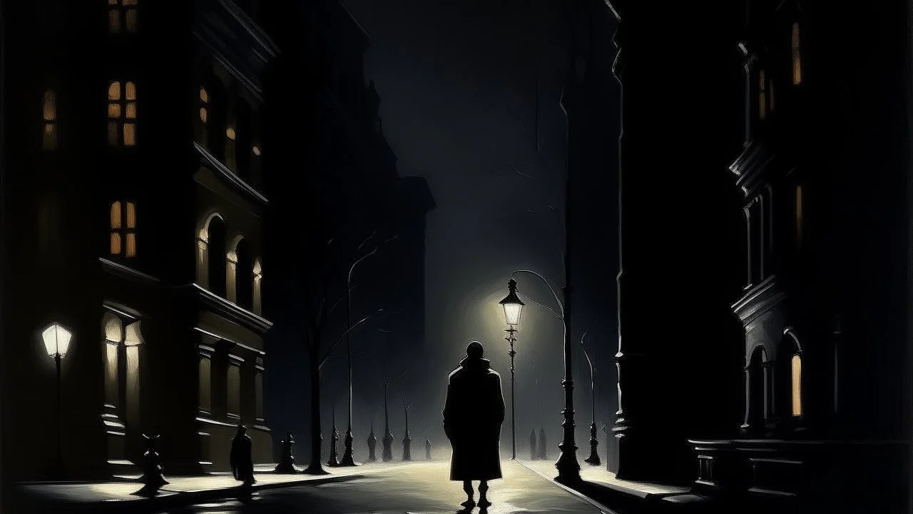 In the shadows of a dimly lit city street at night, a lone figure emerges, illuminated by a flickering streetlamp. The mysterious silhouette of a cloaked individual, their features obscured by darkness, stands at the center of the scene. This haunting image, reminiscent of a captivating painting, captures the essence of solitude and intrigue. Every detail is intricately highlighted, from the subtle play of light and shadow on the figure's face to the atmospheric glow of city lights in the backgr