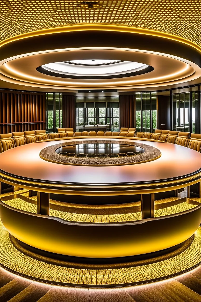 An oval-shaped restaurant consisting of one large table. In the middle of the table there is a place to prepare the food and serve it directly to the visitors