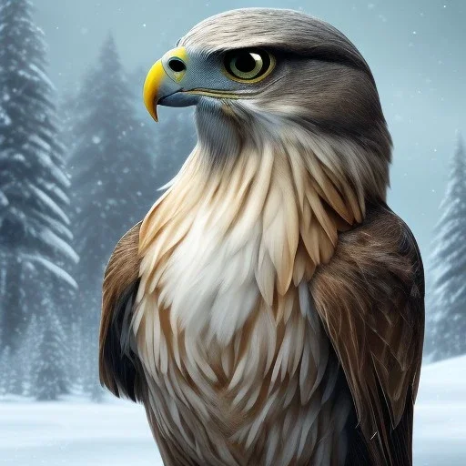 portrait of a bird of prey, feathers, extremely sharp detail, finely tuned detail, ultra high definition, 8k resolution, dynamic lighting, unreal engine 5, ultra sharp focus, mountains, winter landscape, background trees