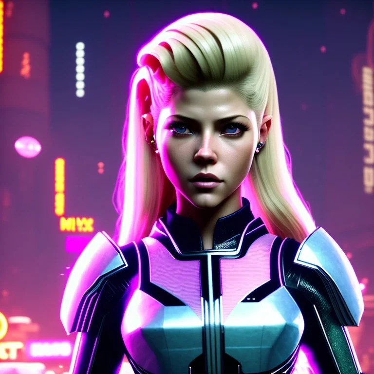 Actress, Katheryn Winnick, retro futuristic, clean, smooth, sexy, short hair, retro, 80s, blood, portrait, samurai style, 16 bit, unreal engine 5, god light, ultra hd, vibrant color, night city background, neon, front view.