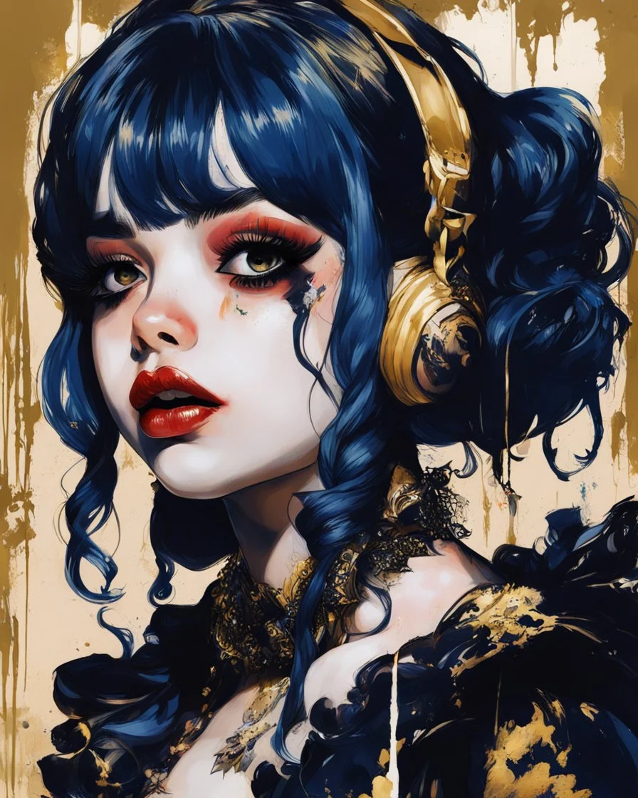 Poster in two gradually, a one side malevolent goth vampire girl face and other side the Singer Melanie Martinez face, painting by Yoji Shinkawa, darkblue and gold tones,