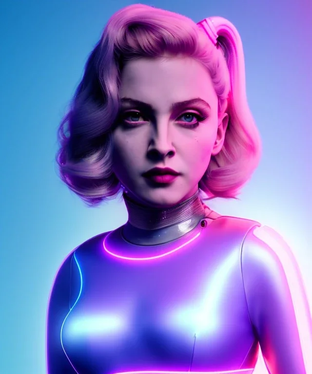 Artist, young madonna, android woman, sweet, blonde, white skin, long eyeliner, purpurin, glossy lips, make-up, color leds lights, cables, short hair, circuits, cyberpunk, latex coat, cyber punk, neon, portrait, studio photo, unreal engine 5, soft color, 16 bit, god lights, ray tracing, RTX, lumen lighting, ultra deatail, volumetric lighting, 3d, finely drawn, hd.