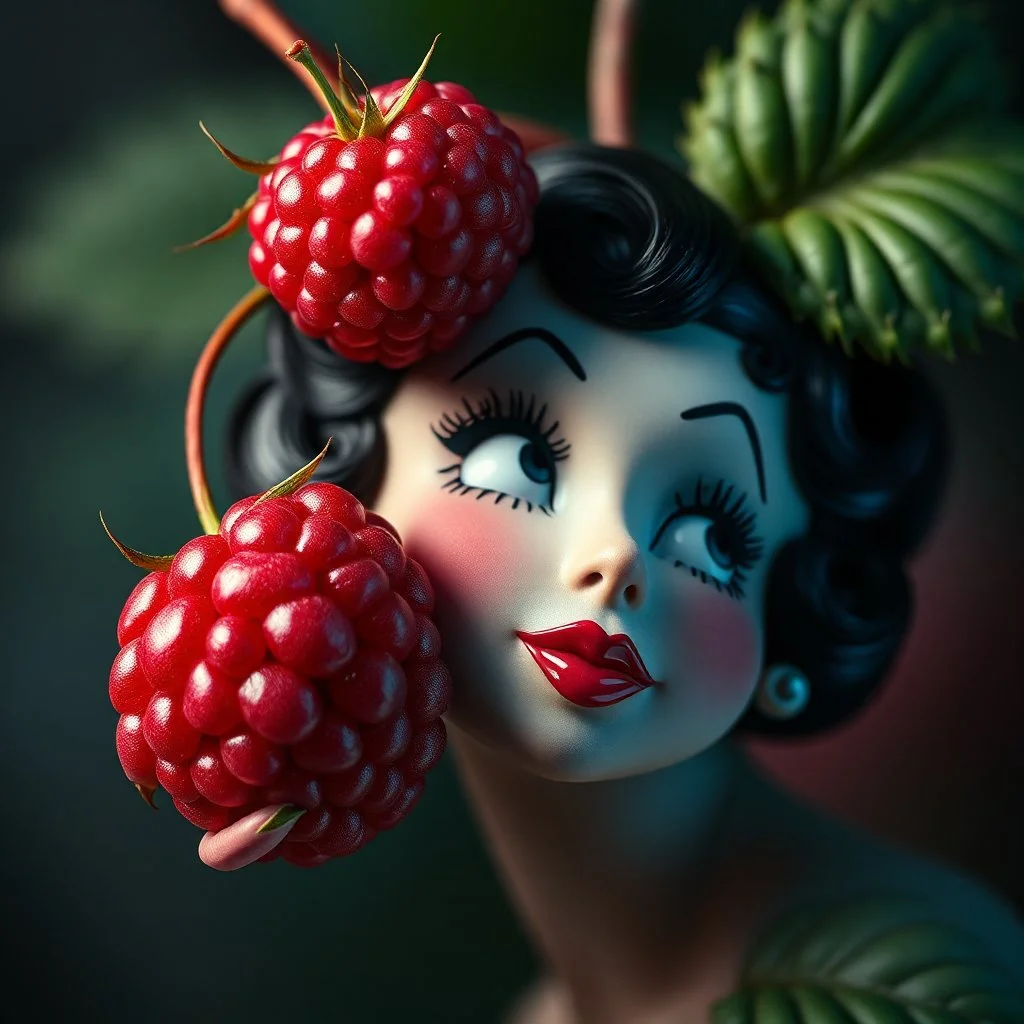 Moist Anthropomorphic red raspberry that has the face of Betty Boop subtly blended into it, hyperreal, profound, concept art,