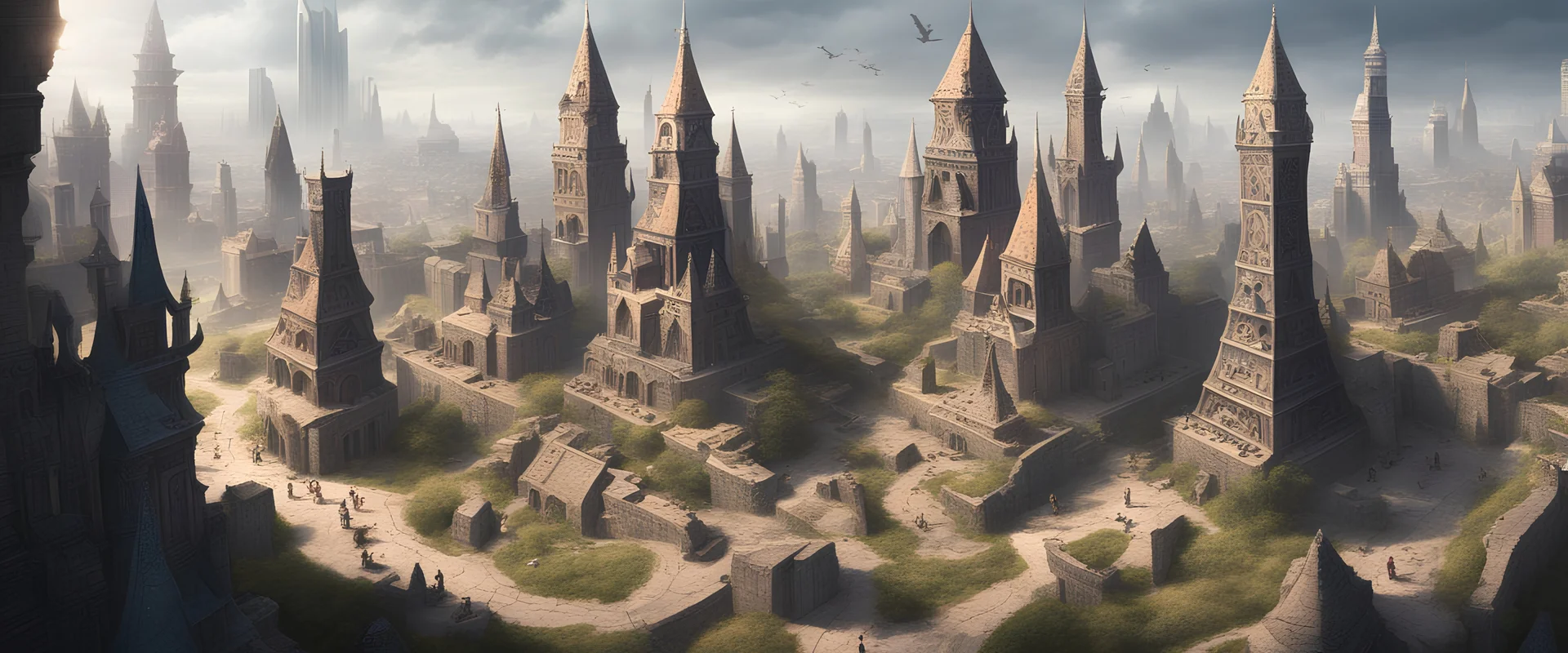 Cidade com varias torres de magia e escritas rúnicas