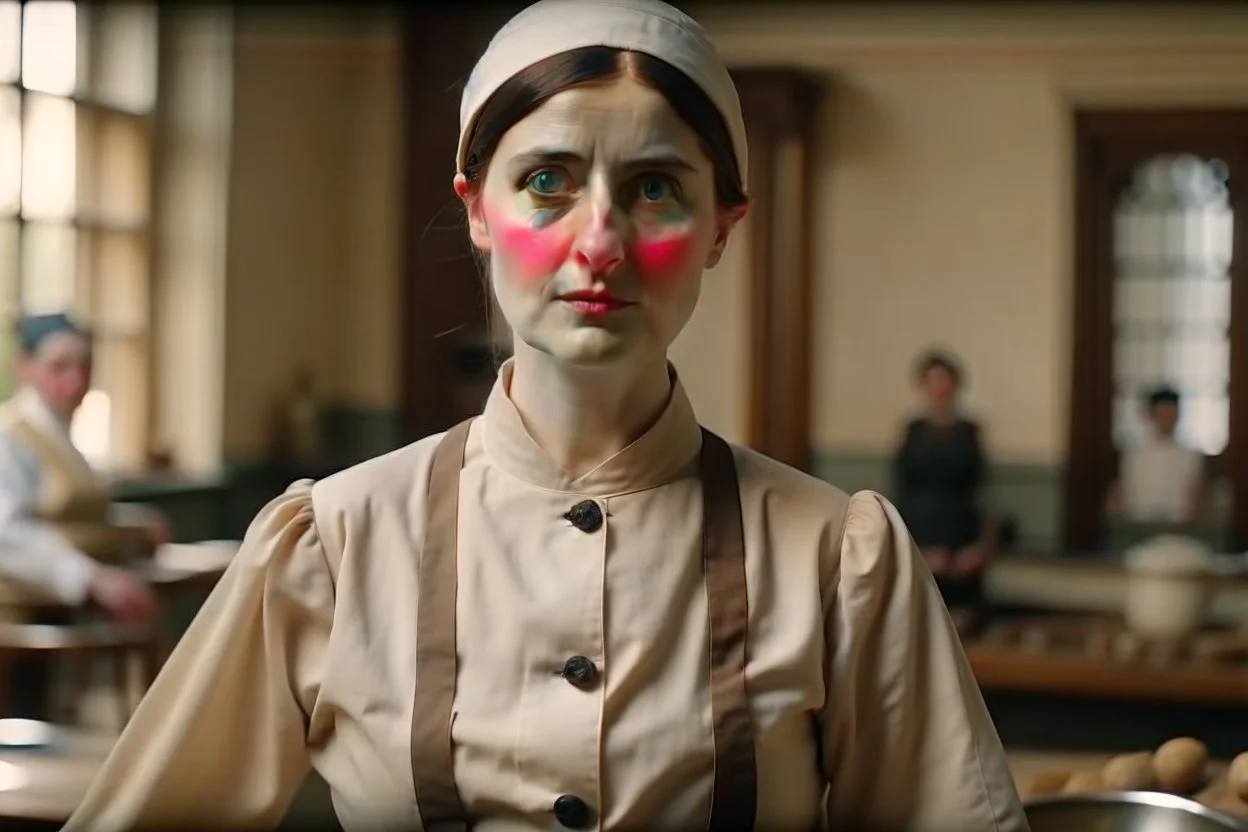 ww1 woman cook talking close-up standing up looking to the camera, ww1 mansion kitchen background