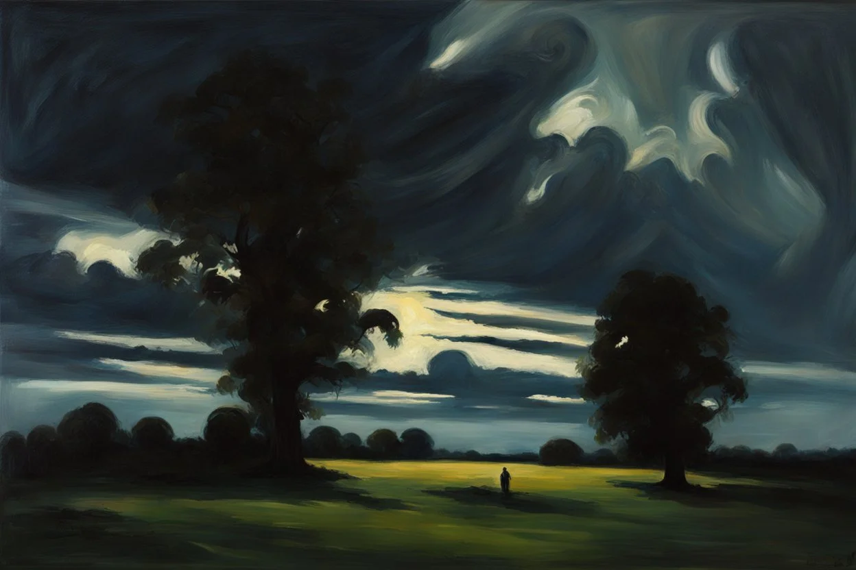 Trees, night, clouds, one person, 2000's sci-fi movies influence, alfred munnings impressionism painting