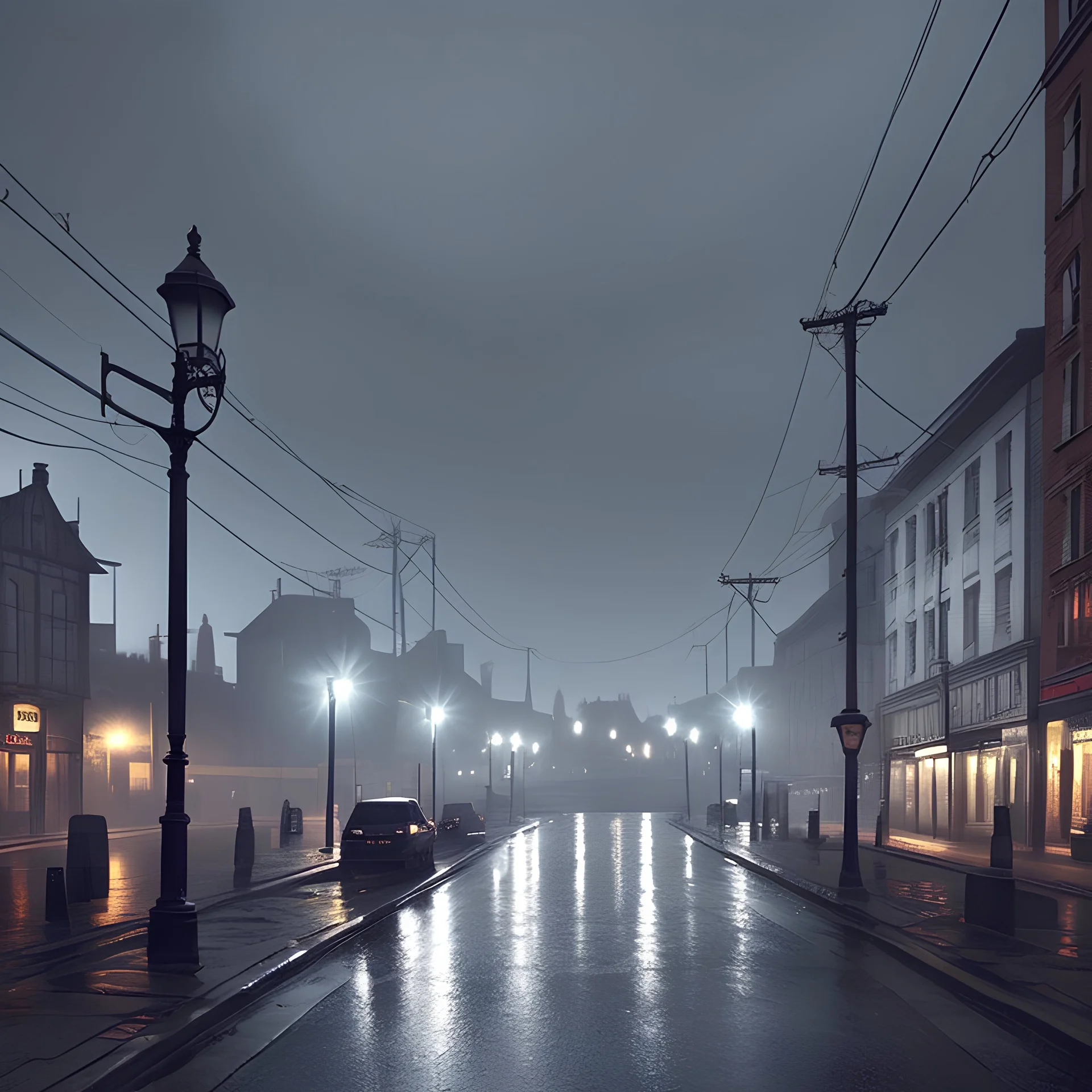 highly detailed, 4k, digital painting, hyperrealism portrait of a dark gothic city streetview with street lights, nighttime