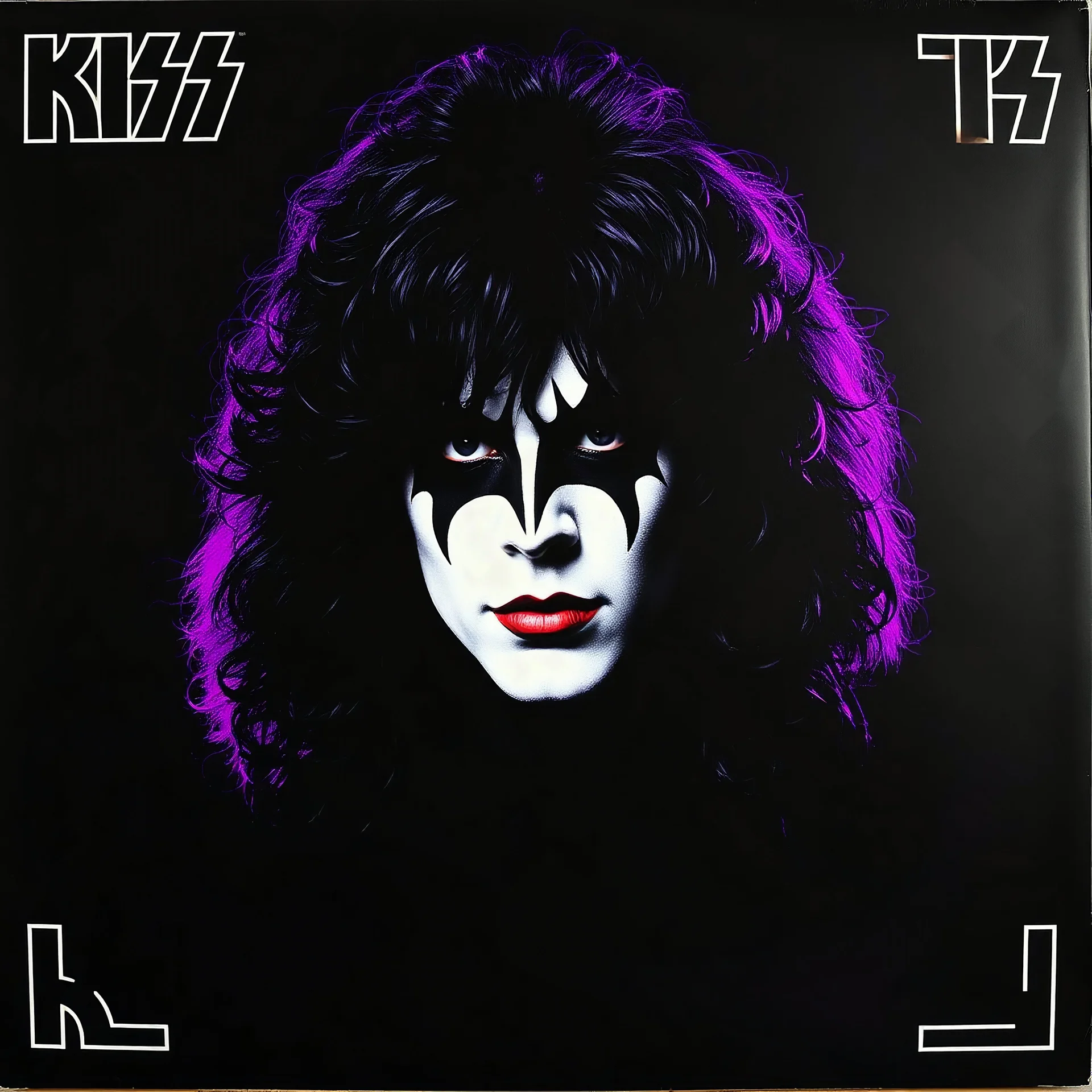 Create a record album cover with an image of 20-year-old Paul Stanley's face with long, wavy, curly 1980's glam rock style big hair, White face paint with a black eyes, on a pitch black cover, the KISS logo on all four corners, chiaroscuro lighting, deep shadow, vibrant purple colors, purple light shining on the back of the hair,