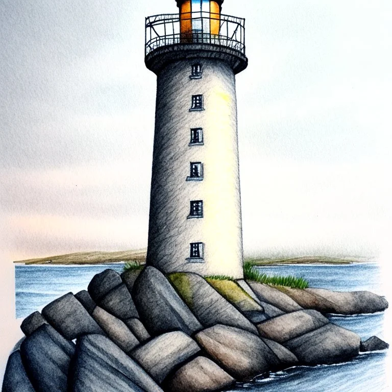 A colored pencil drawing of the granite lighthouse Lista Lighthouse in Norway