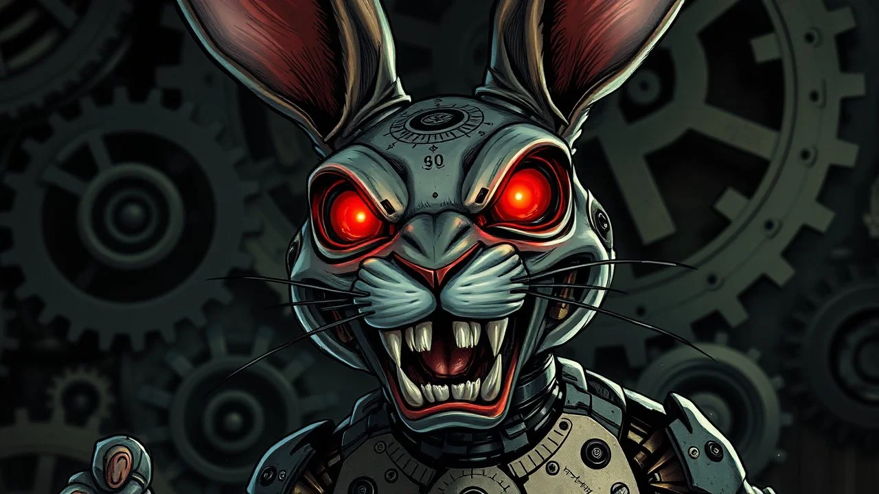 Detailed clockwork bunny with sharp metal teeth, glowing red eyes, and a sinister grin. Clockpunk style illustration, dark shadows and intricate gears in the background, by Dave Rapoza or Alex Ross. (Long shot), high contrast lighting to create a sense of foreboding and danger.