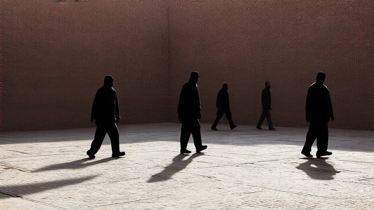 Detail of the prison courtyard: shadowy figures marching in a textured brick environment.