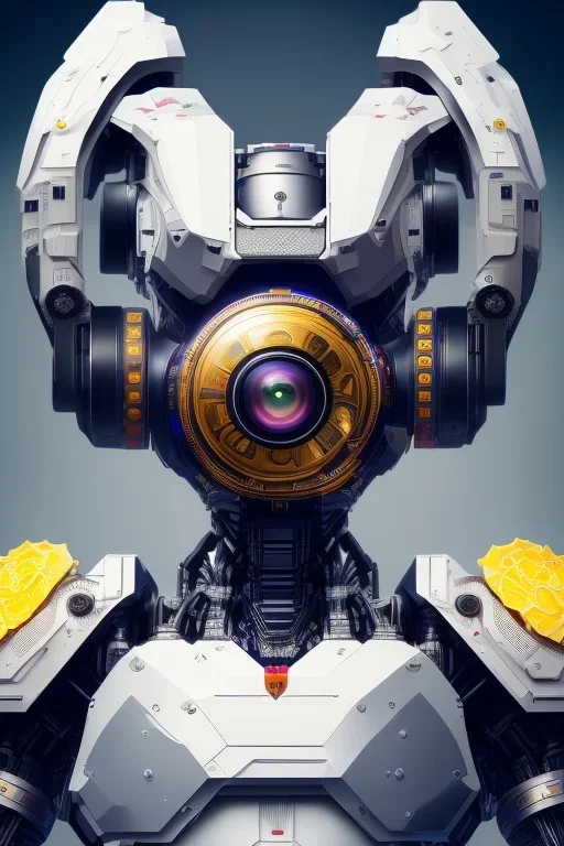 a beautiful full frame portrait digital painting of futuristic bananapunk robot, wide angle view, close-up, macro lens, centered camera, titanium accents, intricate details, small minutiae, tiny features, particulars, colorful, 8k, least ambient occlusion, volumetric lighting, volumetric clouds