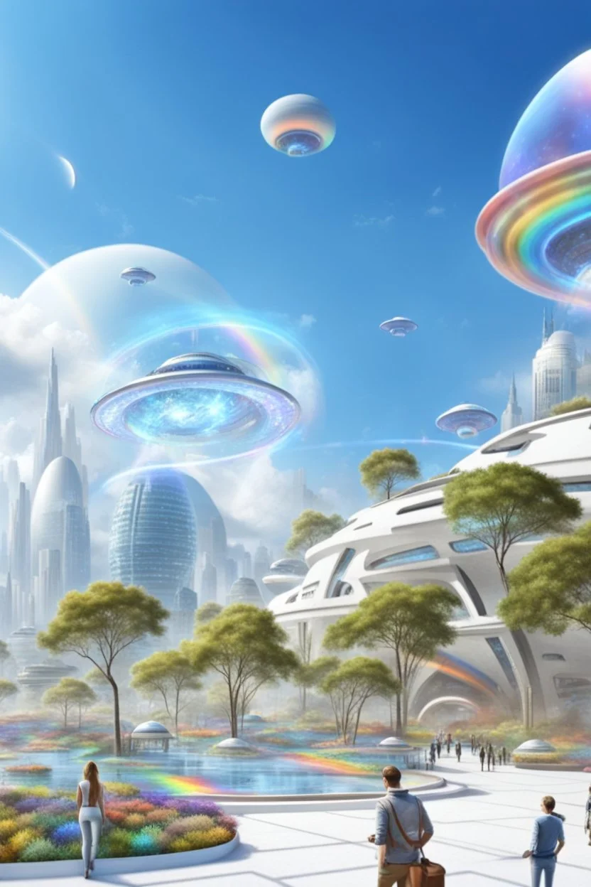 ville futuriste ultra moderne, ufos, rainbows,intergalactic city