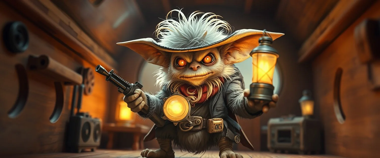 air brush 3d with pen outline,spaghetti boss gunslinger western fluffy elder gremlin edgy hero with glowing eyes, shallow depth of field, warm lantern, pin hole cam in doll house space ship, bottom floor board edge border