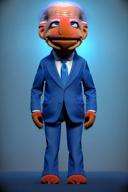 Waist up Portrait, joe Biden as muppet doll, Blue suit retro style, photo studio, blue background, unreal engine 5, concept art, art station, god lights, ray tracing, RTX, lumen lighting, ultra detail, volumetric lighting, 3d.