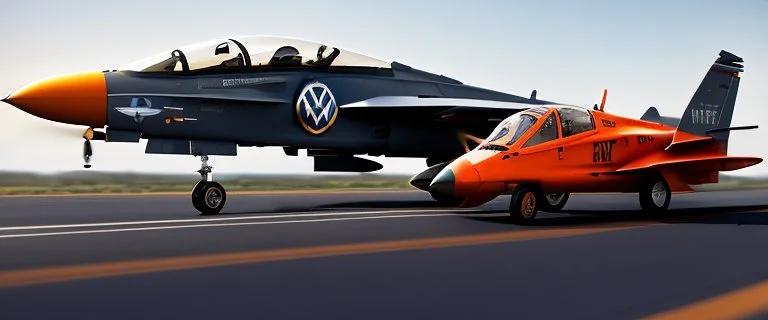 A national geographic award winning photograph of a military fighter jet station wagon wasp hybrid designed by volkswagen only one vehicle per image painted metallic orange traveling at a high rate of speed, jet intake off of front center of vehicle and jet exhaust out the rear with bright blue flame