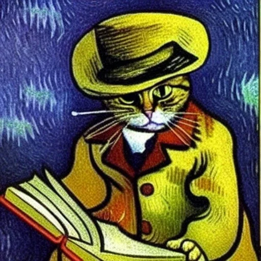 oil portrait of a cat with hat reading a book and smoking a wooden pipe by Van Gogh 8k