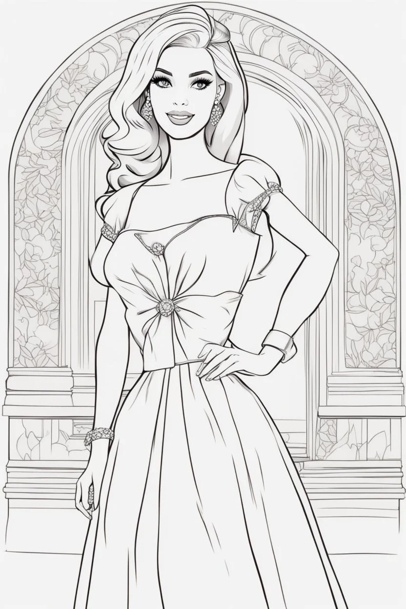 outline art for kids barbie coloring pages with barbie with short dress, no background, sketch style, full body, only use outline, mandala style, clean line art, white background, no shadows and clear and well outlined. should look exactly like barbie