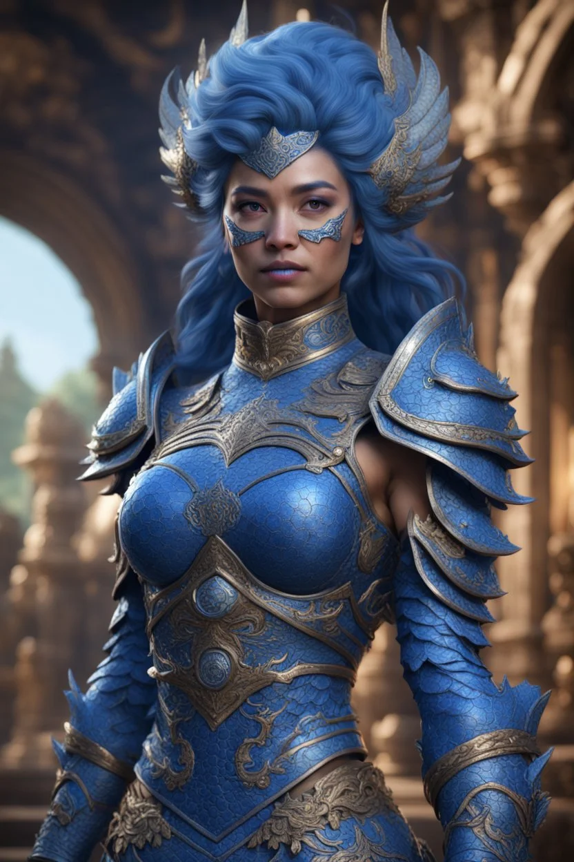 Photoreal bunga citra lestari blue triton ranger woman with blue scaled blue skin in ornate armor, 8k, high detail, smooth render, unreal engine 5, cinema 4d, HDR, dust effect, vivid colors