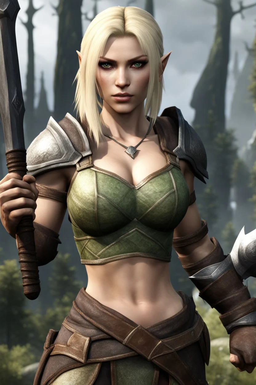 A female bosmer barbarian from Skyrim with dark brown eyes, blonde, short hair, holding orcish maul in hands, fit