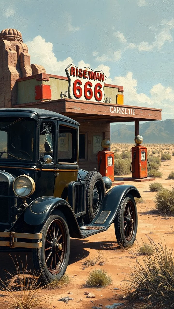 A 1920 ford black car with broken glass and doors in front of abandoned damaged cracked gas station with old gas pumps , on highway 66 on the desert , in a forgotten battlefield over run by vegetation, cutesy tiktok detailed oil painting, grainy, old style