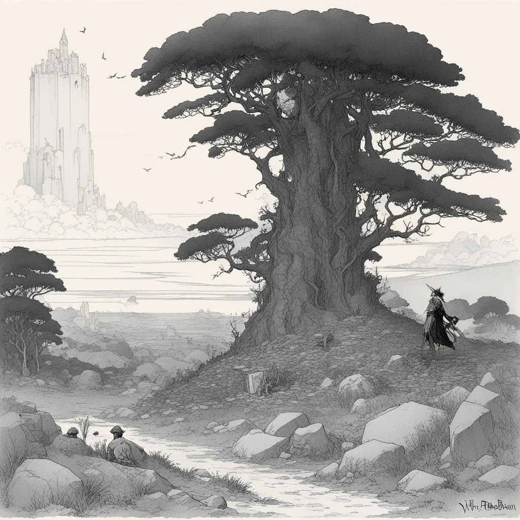 [art by W. Heath Robinson] once a flourishing field, now reduced to burned ruins, fumes of death hung heavy in the air. Amidst the devastation, an enraged redhead Barbarian, a towering figure of wrath and fury, thundered across the desolate landscape. His eyes blazed with a primal rage as he sprinted towards a lone white paladin, clad in chrome steel plate armor, a beacon of light amidst the darkness. The Barbarian faces the paladin.