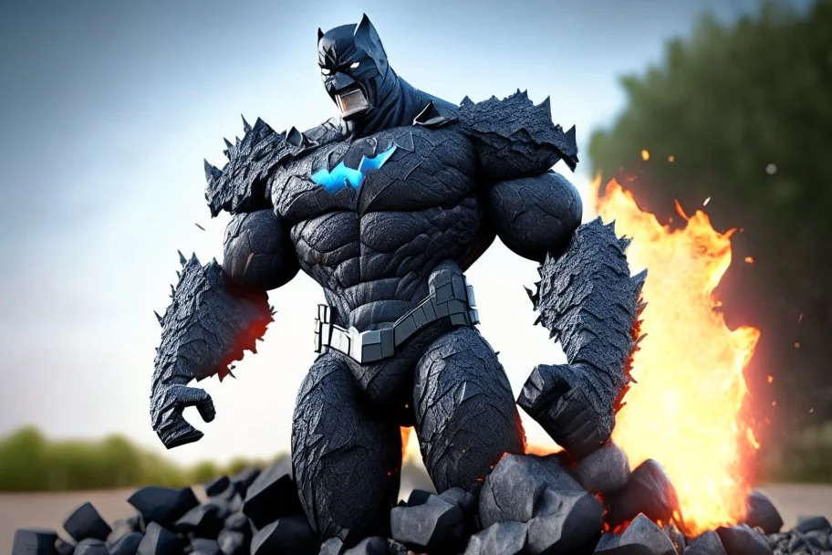 a rock superhero made out of biochar